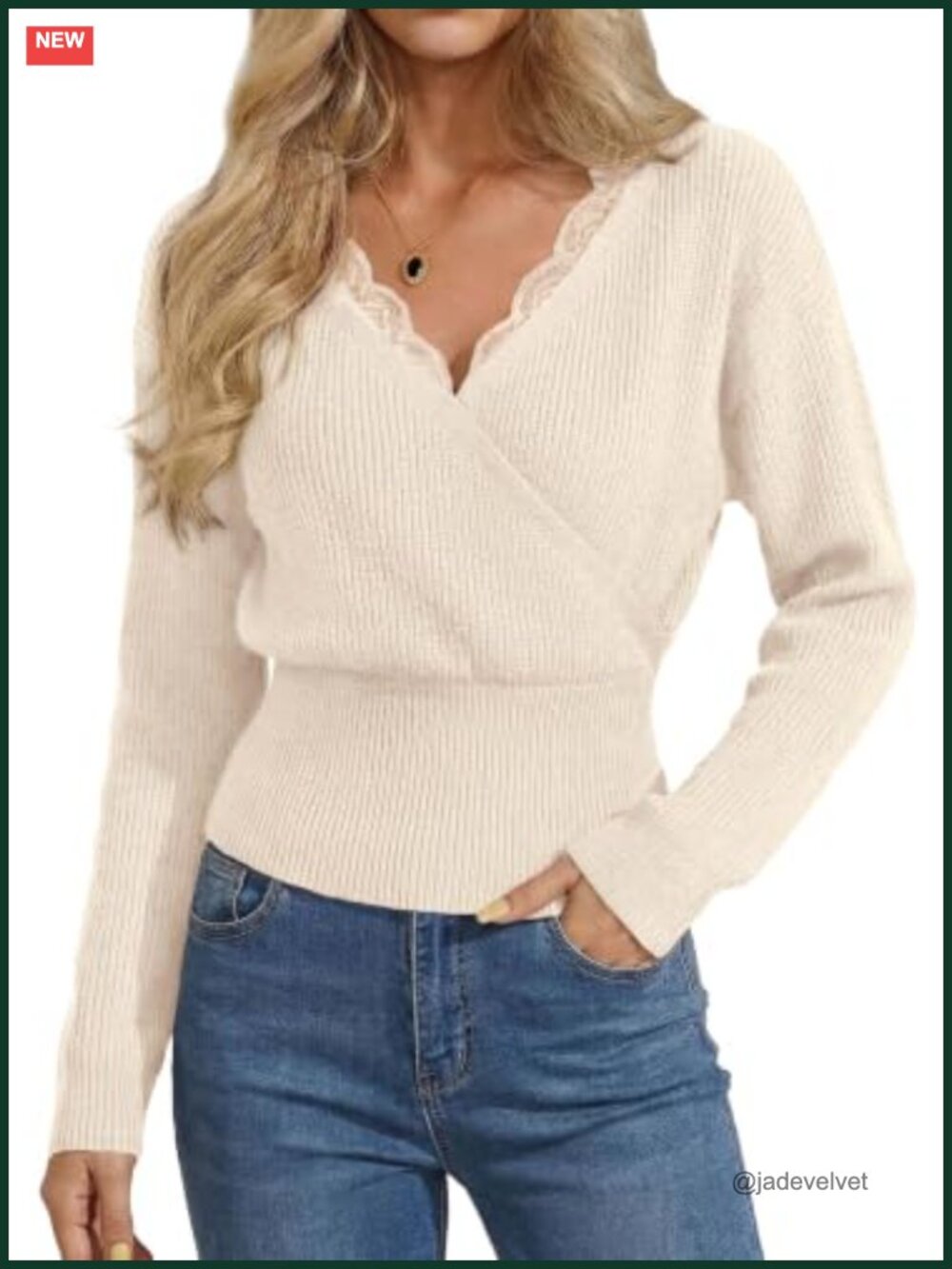 Women's Lace Trim V-Neck Wrap Cropped Sweater Long Sleeve Ribbed Knit